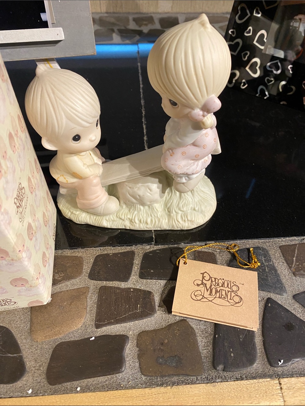 Precious Moments Porcelain Boy and Girl Seesaw Figurine - Pink/Cream